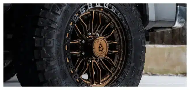 Closeup shot of a black tire in a white frame.